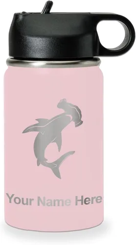 Vista 78 de LaserGram Botella de agua personalizada, tiburón martillo, acero inoxidable de doble pared aislada al vacío con popote superior, regalo grabado