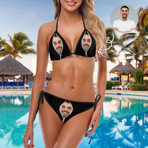 Vista 2 de Conjuntos de bikini personalizados para mujer, traje de baño triangular halter con cara, traje de baño sexy personalizado con lazo lateral