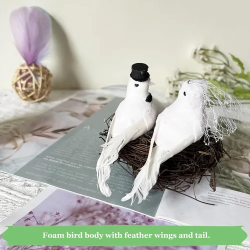 Vista 4 de 2 piezas de palomas artificiales blancas con clip, adornos de pájaros de amor para boda, plumas de espuma para decoración y manualidades
