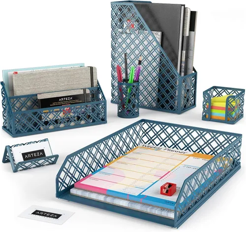 Vista 8 de ARTEZA Juego organizador de escritorio, 6 piezas, gris oscuro, incluye vaso para lápices, clasificador de cartas, bandeja, soporte para revistas