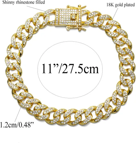 Vista 2 de Pulsera tobillera de eslabones cubanos para mujeres, hombres, adolescentes y niñas, hip-hop chapada en oro de 18 quilatesoro blanco con diamantes