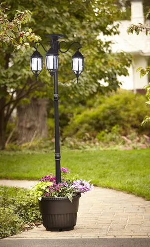 Vista 2 de Westcharm Maceta redonda al aire libre grande de 18 "de diámetro con 3 cabezales LED Solar Lamp Post Lights - Negro
