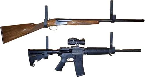 Vista 7 de Percheros para armas de montaje en pared, ganchos de acero y metal, para almacenamiento de armas de fuego, palanca de escopeta, cargador