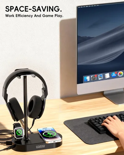 Vista 6 de COZOO Soporte para auriculares con almohadilla de carga inalámbrica rápida y 2 puertos de carga USB, adecuado para juegos, DJ, accesorios