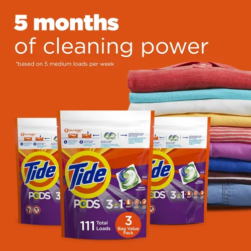 Vista 6 de Tide PODS - Cápsulas de jabón de detergente para ropa, Spring Meadow, 37 unidades (paquete de 3 bolsas), total de 111 unidades, compatible con HE