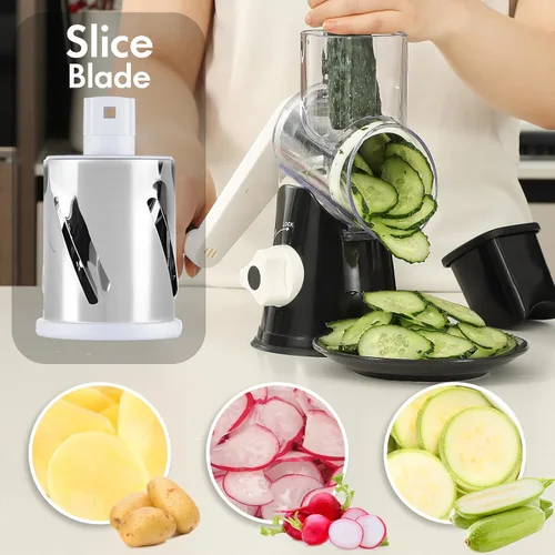 Vista 4 de Rallador de queso con manivela manual, triturador de verduras giratorio con asa y base de succión fuerte, rebanador de verduras de alta velocidad