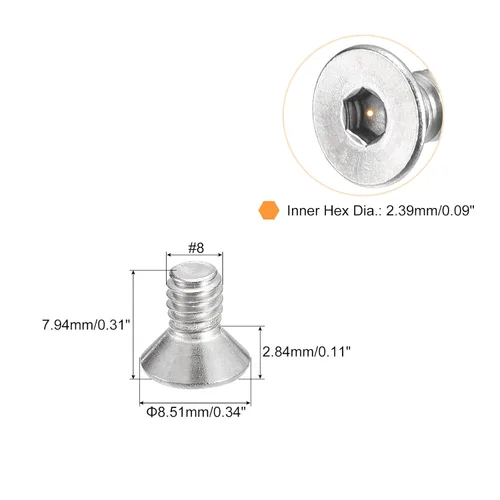 Vista 2 de uxcell #8-32x5/16 Tornillos de cabeza avellanada plana, 50 piezas de tornillos de cabeza plana de acero inoxidable 304 con llave hexagonal, rosca