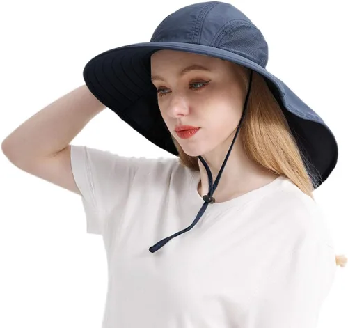 Vista 2 de Sombrero de ala ancha para hombres y mujeres, protección solar UPF 50+, gorra de safari plegable, sombrero de pesca con solapa para el cuello