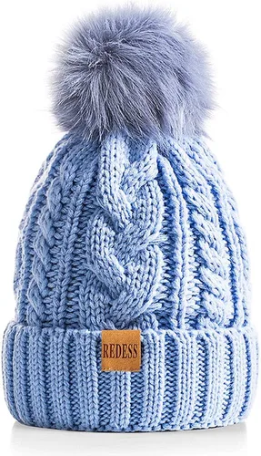 Vista 22 de Redess Gorro de invierno con pompón y forro polar cálido, grueso y holgado, tejido, para la nieve, para esquiar, para mujer Beige