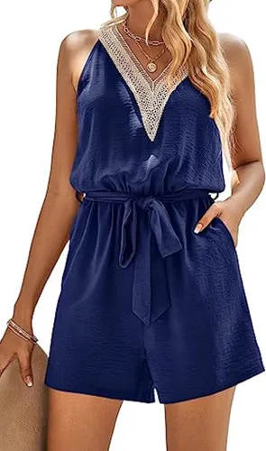 Vista 2 de Enterizo de verano para mujer, cuello en V, para playa, casual, sin mangas, a la moda, lindo overol para mujer