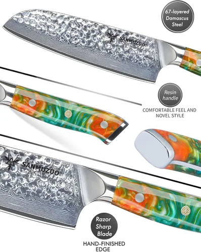 Vista 3 de Cuchillo Santoku de 7" - Cuchillo de chef japonés - Acero de Damasco martillado y mango de resina - Serie YAO