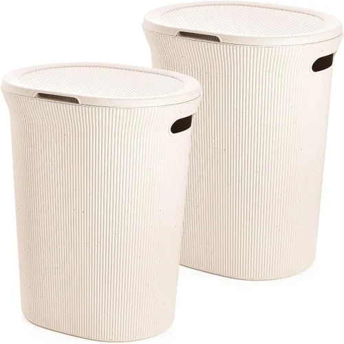 Vista 7 de Superio Colección acanalada - Cesto decorativo de plástico para ropa sucia con tapa y asas recortadas, azul (1 paquete) Organizador de cesta