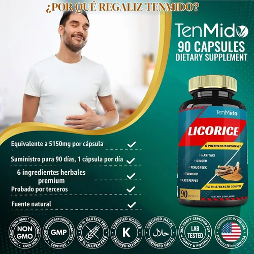 Vista 7 de Cápsulas de extracto de regaliz con cúrcuma, jengibre, fenogreco, haritaki, pimienta negra, función de digestión de apoyo, 90 cápsulas, suministro