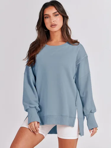 Vista 2 de LOGENE Sudadera de gran tamaño para mujer, cuello redondo, manga larga, casual, con abertura, ropa de otoño 2023