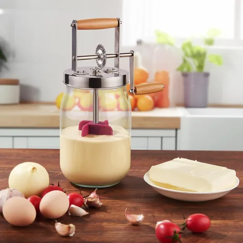 Vista 7 de Butter Churn - Batido de madera con mango de madera para hacer mantequilla manual, batidora de mantequilla, tarro masón de manivela de mano
