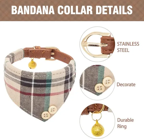 Vista 2 de KOOLTAIL Juego de collar y correa para perro pequeño con corbatín y campanas, lindo collar y correa para cachorros con patrón clásico a cuadros Beige