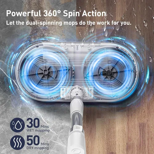 Vista 2 de Trapeador eléctrico inalámbrico, limpiador eléctrico de piso con rociador de agua y faro LED, tiempo de trabajo de 50 minutos, tanque de agua de 9.8