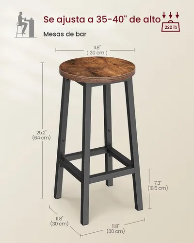 Vista 3 de VASAGLE Juego de 2 taburetes de bar con asiento redondo, estilo básico Taburetes de altura de barra, sillas de bar, marco de acero, fácil montaje