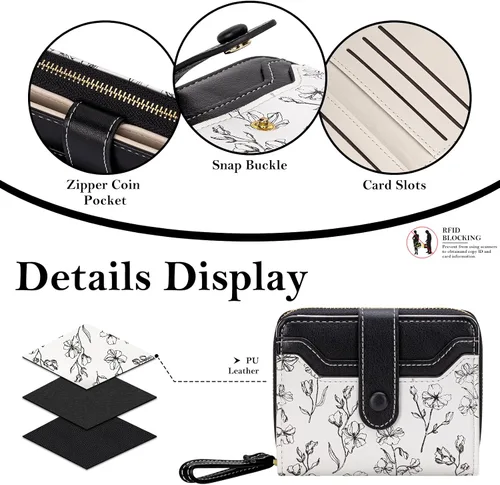 Vista 4 de BIAOTIE - Cartera para mujer con flores bonitas, con bloqueo RFID, tarjetero para tarjetas de crédito, monedero pequeño de dos pliegues