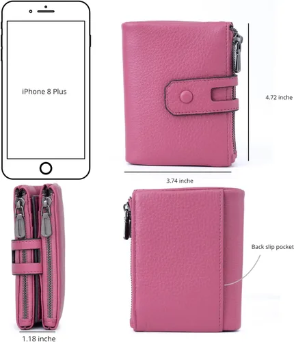 Vista 4 de Bveyzi Cartera pequeña de cuero suave para mujer, con bloqueo RFID, tarjetero con doble bolsillo con cremallera