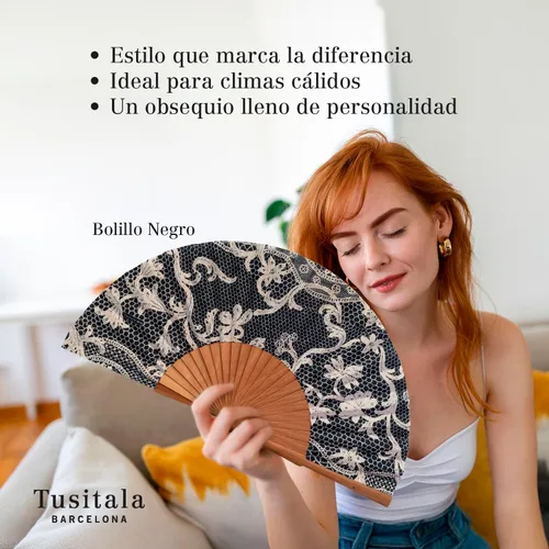 Vista 4 de Spanish Fan Black Bobbin - Madera y Algodón - 9.1 in - Estuche y funda de yute - Accesorio de moda - Hecho a mano en España - Eventos y regalos