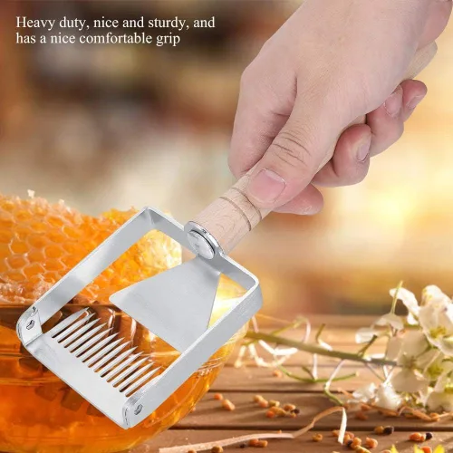Vista 2 de TOPINCN Miel destaponamiento raspador acero inoxidable panal miel tenedor cuchillo Uncapper apicultura herramienta raspador colmena mango de madera