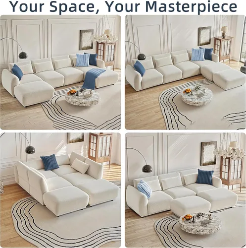 Vista 6 de Sofá seccional, moderno sofá modular en forma de U con otomana, sofá modular modular de nube para sala de estar (beige, juego de 4 + 2 otomanos)