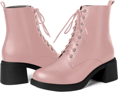 Vista 41 de ROSERWISH Botas altas de tacón bajo y grueso para mujer, con cordones, cómodas, modernas, con puntera redonda, de 2.5 pulgadas