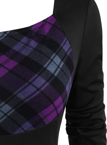 Vista 3 de AITEQY Vestido de cóctel empalmado a cuadros, vestidos de manga larga de los años 50, vestidos de fiesta con cuello cuadrado, vestidos de fiesta