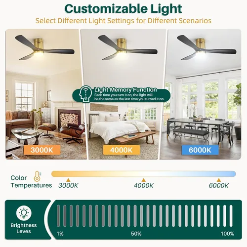 Vista 3 de CACI Mall Ventiladores de techo inteligentes de madera de 52 pulgadas con luces y control remoto, 3 cuchillas, perfil bajo, moderno, compatible