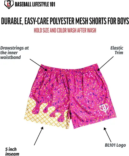 Vista 4 de Baseball Lifestyle 101 Ice Cream - Pantalones cortos de malla para jóvenes, fresa, entrepierna de 5 pulgadas, bolsillos laterales, cintura elástica