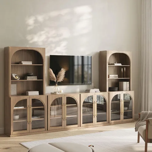 Vista 47 de BELLEZE Centro de entretenimiento modular de 4 piezas con almacenamiento, 2 vitrinas de madera moderna con gabinete arqueado y 2 armarios de puerta