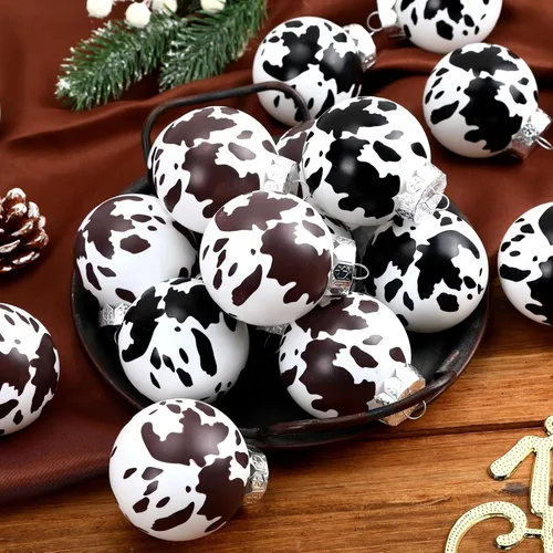 Vista 3 de JULMELON 24 piezas Adornos de esferas de Navidad con impresión de cuero de vaca, adornos de vaca occidentales, esferas colgantes inastillables