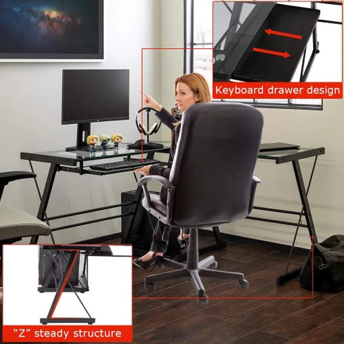 Vista 6 de Vnewone Escritorio de computadora para juegos, oficina, escritorio en forma de L, escritorio en esquina, negro, para estudiantes, oficina en casa