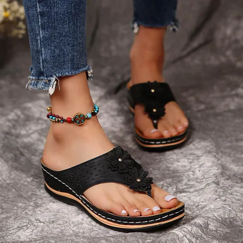 Vista 4 de Chanclas para mujer 2026, soporte de arco de flores, sandalias ortopédicas sin cordones con puntera abierta, bucle ajustable, sandalias de cuña