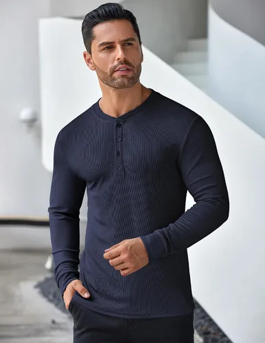 Vista 50 de COOFANDY Camisas Henley de manga larga para hombre, camisetas elásticas acanaladas, camisetas básicas casuales de moda