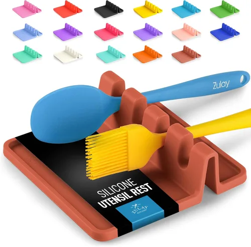 Vista 13 de Zulay Kitchen - Reposa utensilios de silicona con bandeja antigoteo para múltiples utensilios de cocina, reposacucharas sin BPA y resistente al Azul