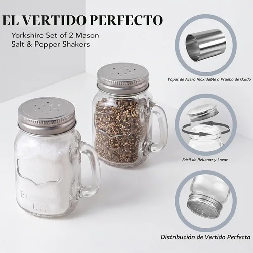 Vista 4 de Circleware Mason Yorkshire - Juego de 2 tazas de sal y pimienta con asas de vidrio y tapas de metal, 5 onzas, juego de 2 en caja de regalo, vajilla
