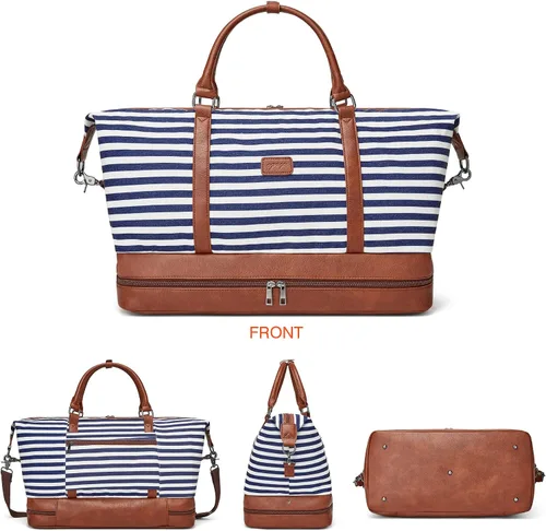 Vista 7 de OPAGE Bolsa de fin de semana para mujeres y hombres, bolsa de lona grande con compartimento para zapatos, bolsa de viaje con funda de carretera