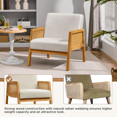 Vista 7 de Yaheetech Silla decorativa, sillón moderno de ratán, cómoda silla de lino con patas de madera para sala de estar, dormitorio, sala de lectura, Beige