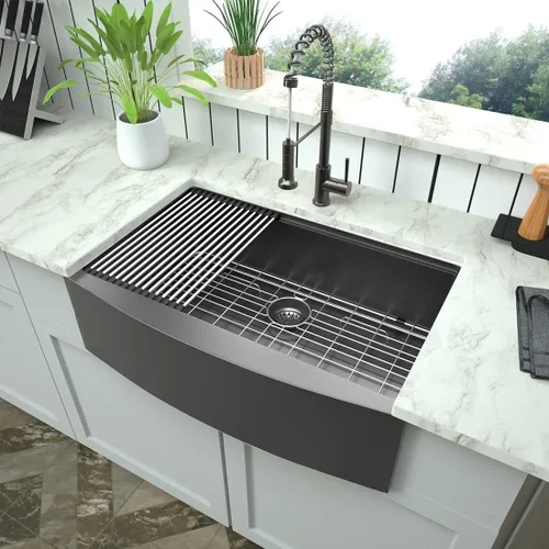 Vista 2 de Fregadero de Cocina Negro Estilo Granja - Mocoloo 33 Pulgadas Fregaderos Bajo Encimera Negro Metálico Acero Inoxidable Calibre 16 Delantal Un Solo