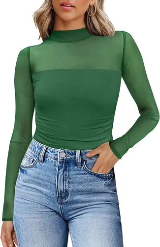 Vista 33 de Camisas de manga larga de malla sexy para mujer, ropa de moda, cuello de tortuga, drapeada, para salir, trajes de otoño, blusas ajustadas Negro