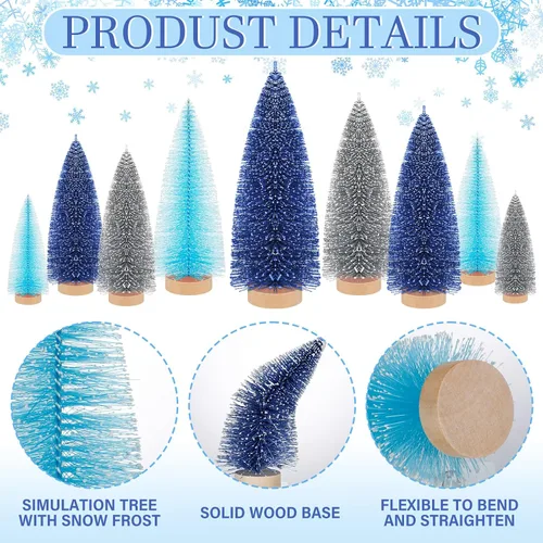 Vista 3 de Leyndo - 9 unidades de árboles artificiales de Navidad clásicos azules en miniatura con base de madera de pino de sisal para decoración de otoño