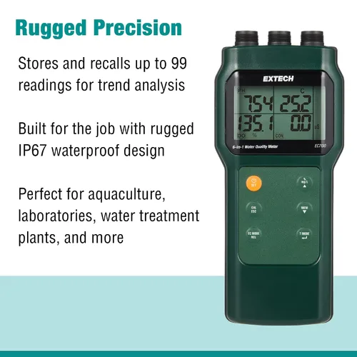 Vista 5 de Extech Medidor de calidad de agua EC700 6 en 1 con 3 sondas pH, conductivity, TDS, salinity, DO, temp, optical DO probe, IP67, stores 99, ATC