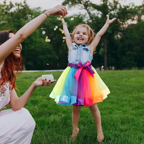 Vista 2 de Simplicity - Falda tutú de tul con forma de arco iris, con diadema de unicornio y lazo para el pelo