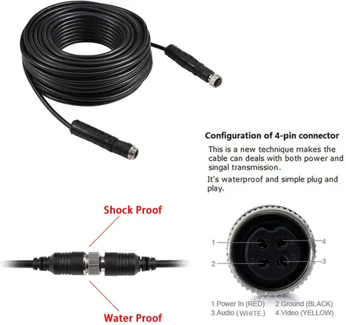 Vista 4 de Cable de cámara de respaldo de 4 pines, cable de extensión de aviación de energía de video para vehículo, automóvil, cámper, autobús, camioneta