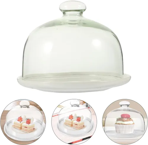 Vista 6 de Zerodeko Cúpula de cristal transparente de 6 pulgadas con bandeja de base de cerámica, mango de campana de cloche, vitrinas, vitrinas, centro