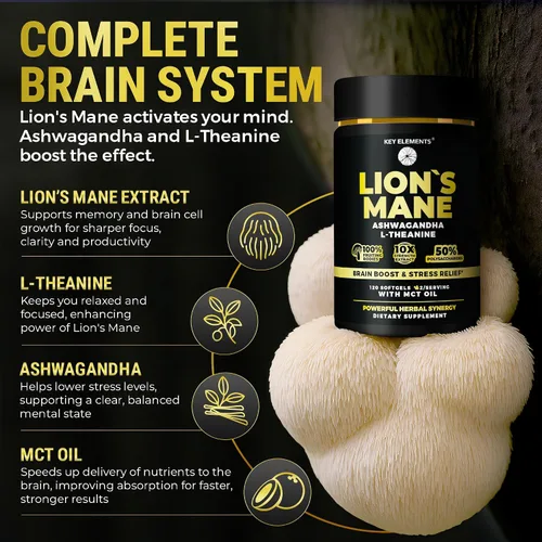 Vista 3 de KEY ELEMENTS Cápsulas orgánicas de suplemento de melena de león con aceite MCT para apoyo cerebral y enfoque relajado, extracto de melena de león