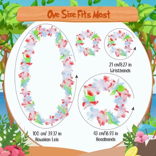 Vista 2 de Jexine 250 piezas de Leis hawaianos a granel Luau decoraciones de fiesta hawaianas tropicales diademas y pulseras de flores Lei para regalos