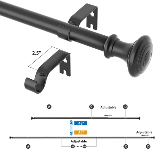 Vista 3 de Barra de cortina de pared de metal negro, 28"-48", 3/4" de diámetro, resistente, longitud ajustable, remates de diseño moderno